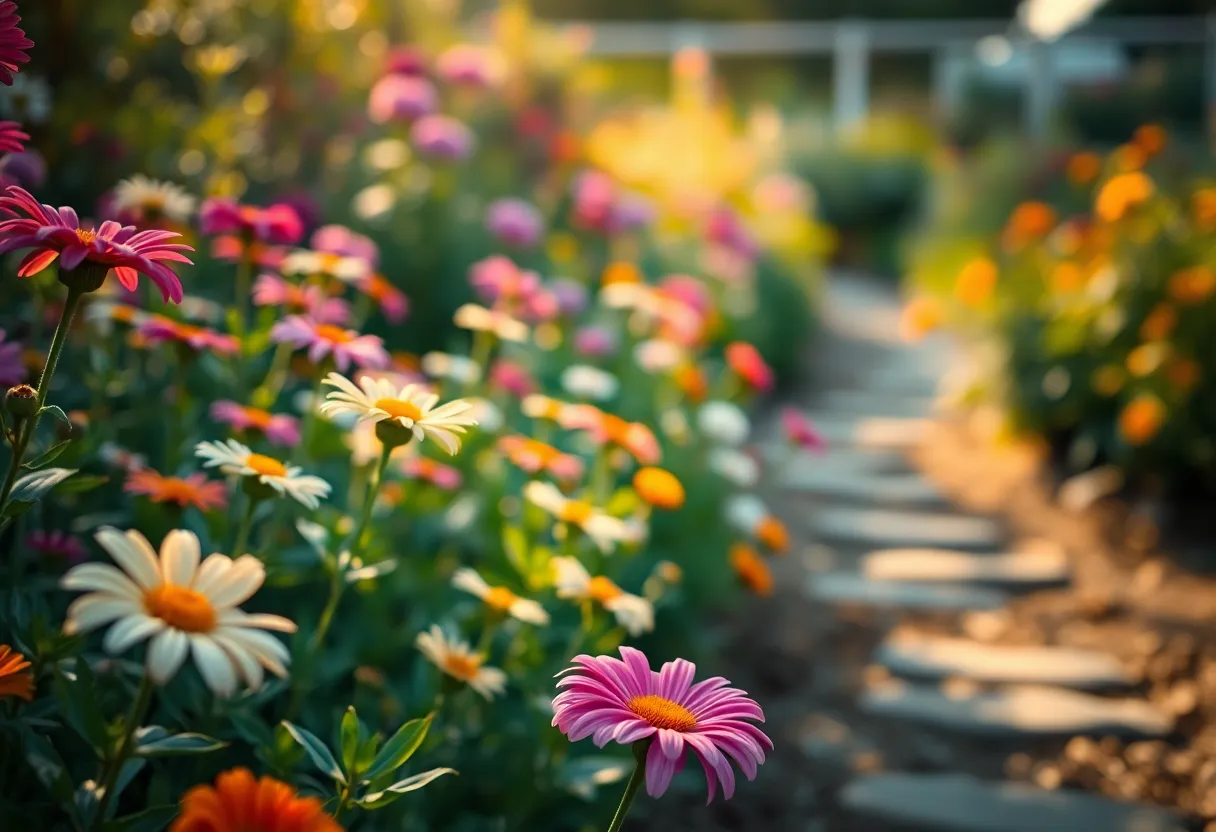 In a serene garden, flowers bloom in a vivid display, symbolizing genetic diversity. The scene is adorned with soft morning light, creating warm rim light that enhances the beauty of the petals. A shallow depth of field provides a dreamy quality, while natural, muted colors evoke tranquility. The composition draws the viewer through the garden, illustrating the interconnectedness of nature and genetics—a perfect representation of diversity in the biological world.