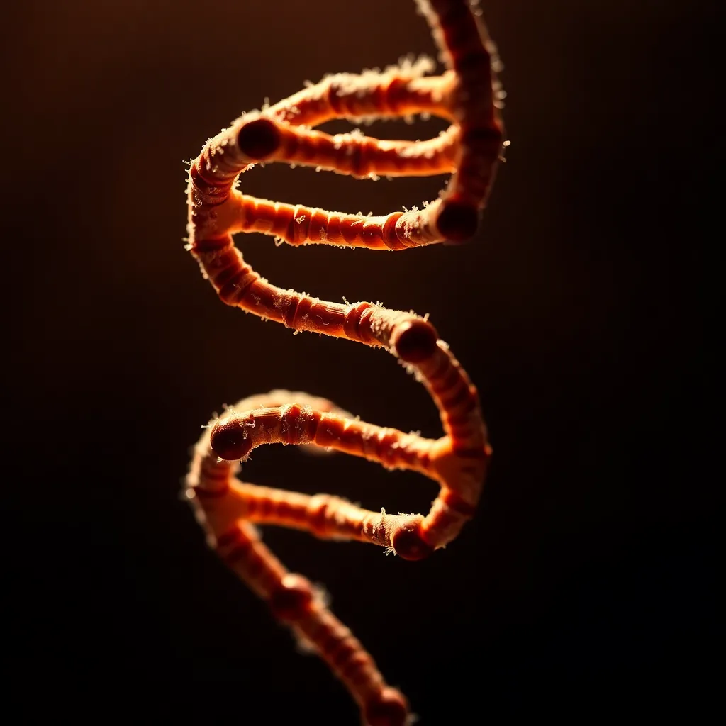 This captivating close-up image focuses on a double helix molecular model, masterfully illuminated with dramatic studio lighting that highlights its intricate textures and vibrant colors. Captured in shallow depth of field, the creamy bokeh enhances the model's prominence, making it the star of the composition. The warm tones reminiscent of Kodak Portra 400 add a soft, inviting quality, creating a fascinating visual exploration of genetic structure.