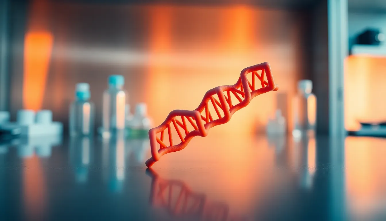 This captivating image features a meticulously crafted 3D printed DNA structure positioned on a sleek professional lab table. Soft box lighting enhances the smooth plastic surface, creating delicate highlights that accentuate its modern design. The cinematic teal and orange color grading provides a stylish visual contrast, emphasizing the innovative nature of genetic research. With a hyperfocal depth of field, every detail remains sharp, inviting viewers to appreciate the fusion of technology and science.