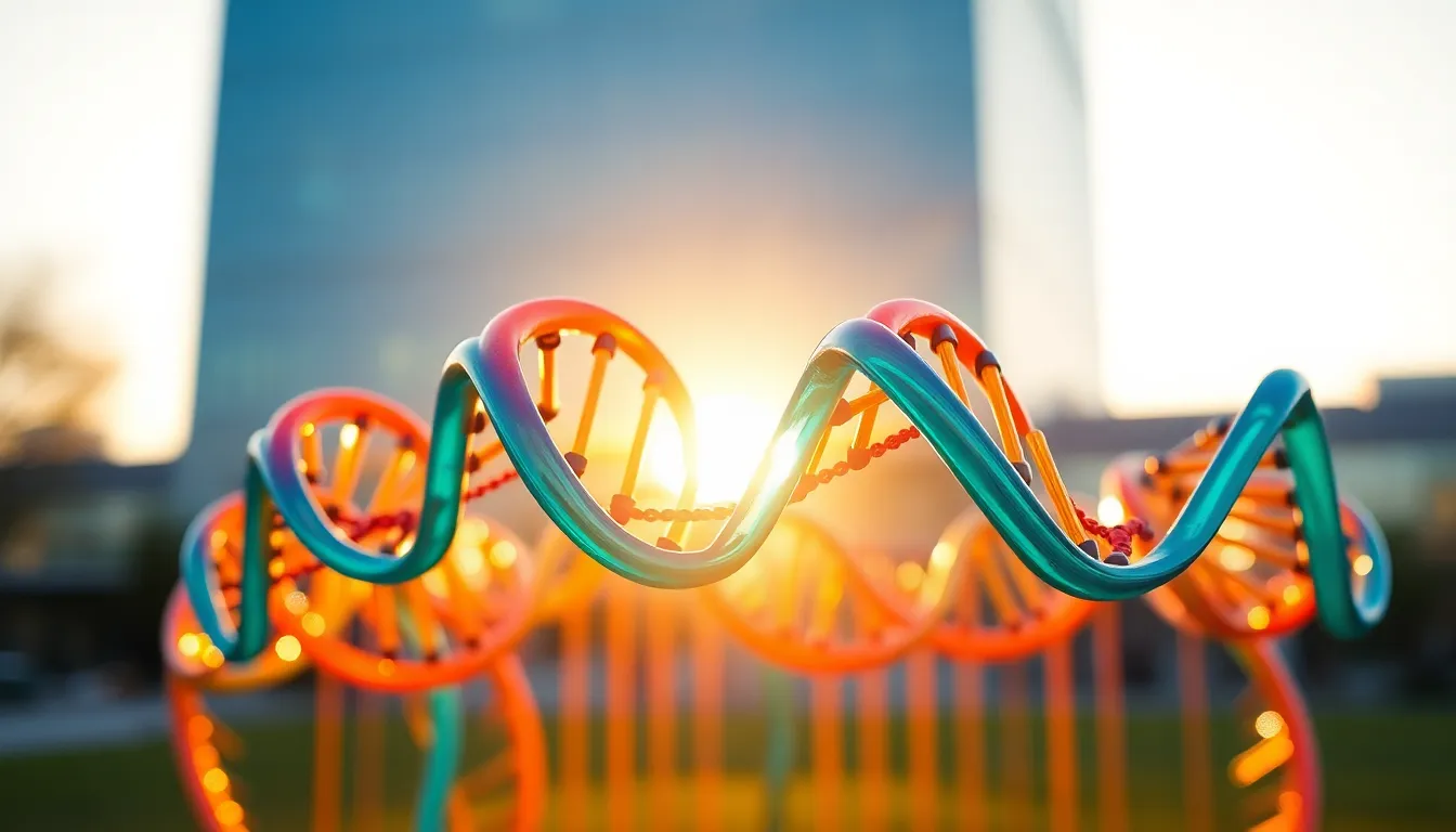 This vibrant image captures a contemporary art installation inspired by the DNA structure, composed of colorful acrylic tubes illuminated by the warm glow of the golden hour. The backlighting creates stunning rim light, enhancing the vivid colors against a softly blurred background. With a shallow depth of field, the viewer is drawn to the dynamic lines and forms of the installation, which are beautifully offset by cinematic teal and orange hues that evoke an artistic atmosphere.