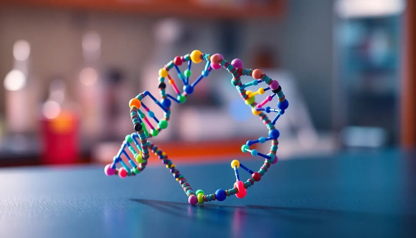 A vibrant representation of a DNA double helix model made from colorful molecular structures. Soft, diffused studio lighting enhances the details, while a shallow depth of field draws focus to the intricate strands. The vivid blues, greens, and purples create an engaging atmosphere, with the textured scientific table adding an interesting layer. This composition effectively utilizes the rule of thirds, making the DNA model the focal point.