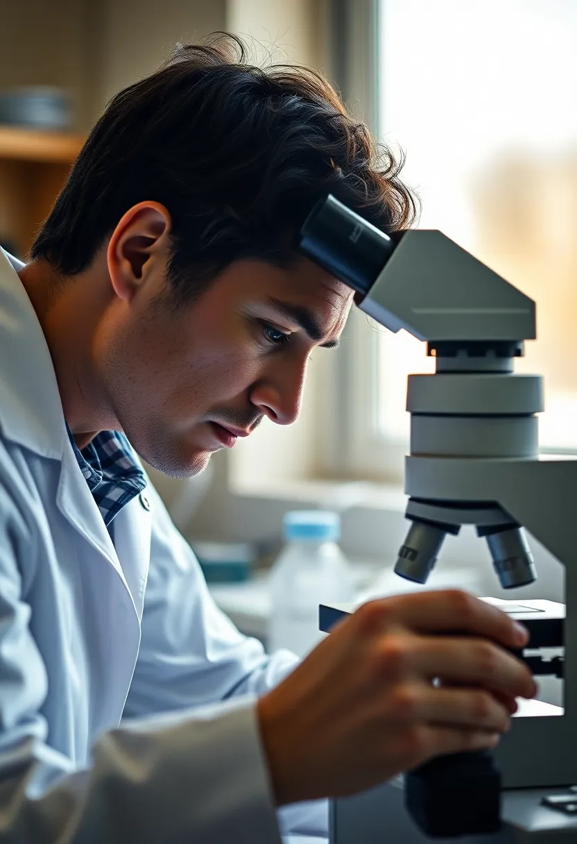 This dynamic image features a passionate researcher intently examining DNA samples under a microscope. The soft, overcast daylight creates a calm lab environment, while the creamy highlights bring warmth to the scene. With a focus on hyperfocal distance, the image maintains clarity throughout, highlighting both the subject and the intricate laboratory materials surrounding them. This composition beautifully blends the human element with scientific exploration, making it ideal for educational and promotional media.