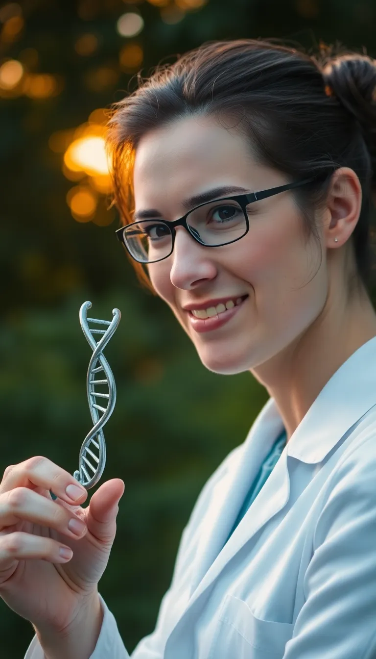 Researcher with DNA Model at Golden Hour This vibrant image captures a researcher outdoors during golden hour, holding a double helix DNA model. The warm backlighting creates an inviting glow around the subject, highlighting their enthusiastic expression and engagement. With a soft focus on the background, the lush greenery becomes a picturesque bokeh, enhancing the warmth of the scene. The diagonal composition conveys a sense of adventure and curiosity in the field of science.