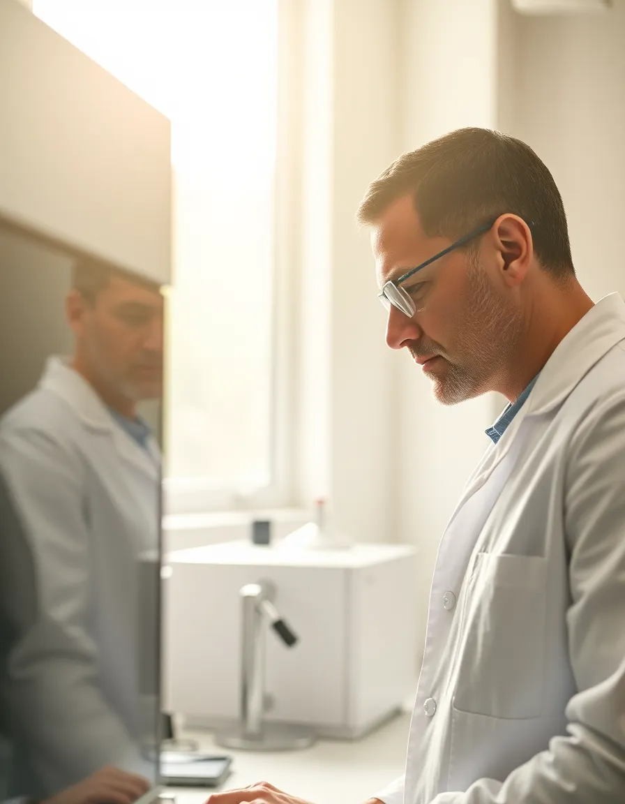 Scientist Examining DNA Sequencer in Laboratory This engaging image features a scientist in a lab coat diligently analyzing a DNA sequencer, illuminated by natural light pouring in through large windows. Shot with the Sony A7R V, the focus is sharp on the scientist while the background blurs artistically, enhancing the subject's determination. The warm and inviting color palette harmonizes with the laboratory environment, making it ideal for any educational or scientific publication focused on genetics or molecular research.