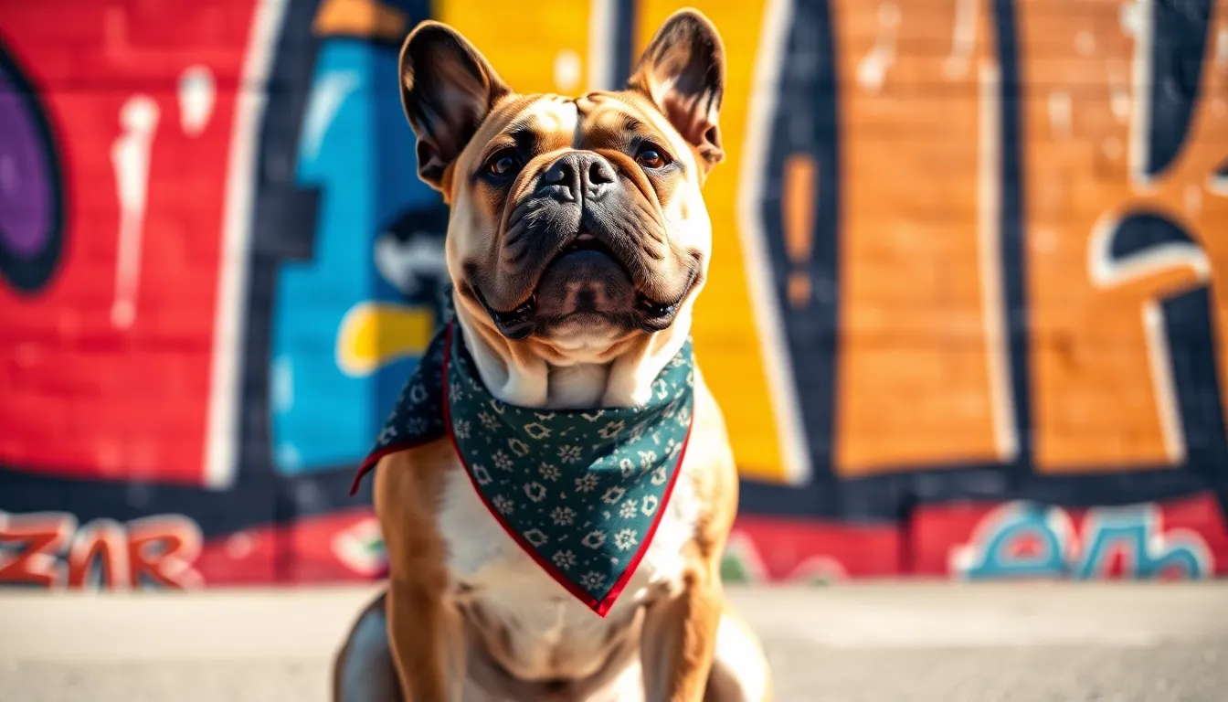 A trendy bulldog with a fashionable bandana poses in front of a vibrant urban mural, showcasing the intersection of pets and street art. The bright afternoon sun casts lively shadows, highlighting the dog’s expressive face. The contrast of the solid colors of the bulldog’s coat and the colorful mural creates an engaging visual experience. This image embodies the lively essence of urban life and the charm of furry friends.