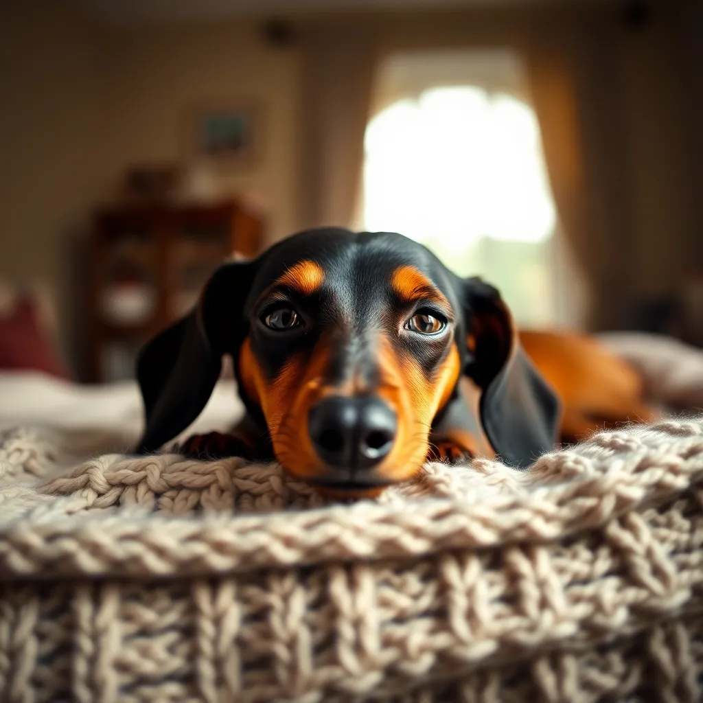 A charming close-up portrait of a Dachshund resting peacefully on a soft, cozy knit blanket. The warm natural light enhances the inviting atmosphere, accentuating the dog's relaxed features and smooth fur. The creamy bokeh draws attention to the Dachshund’s face, capturing a moment of tranquility and warmth. This intimate scene evokes a sense of comfort and affection.