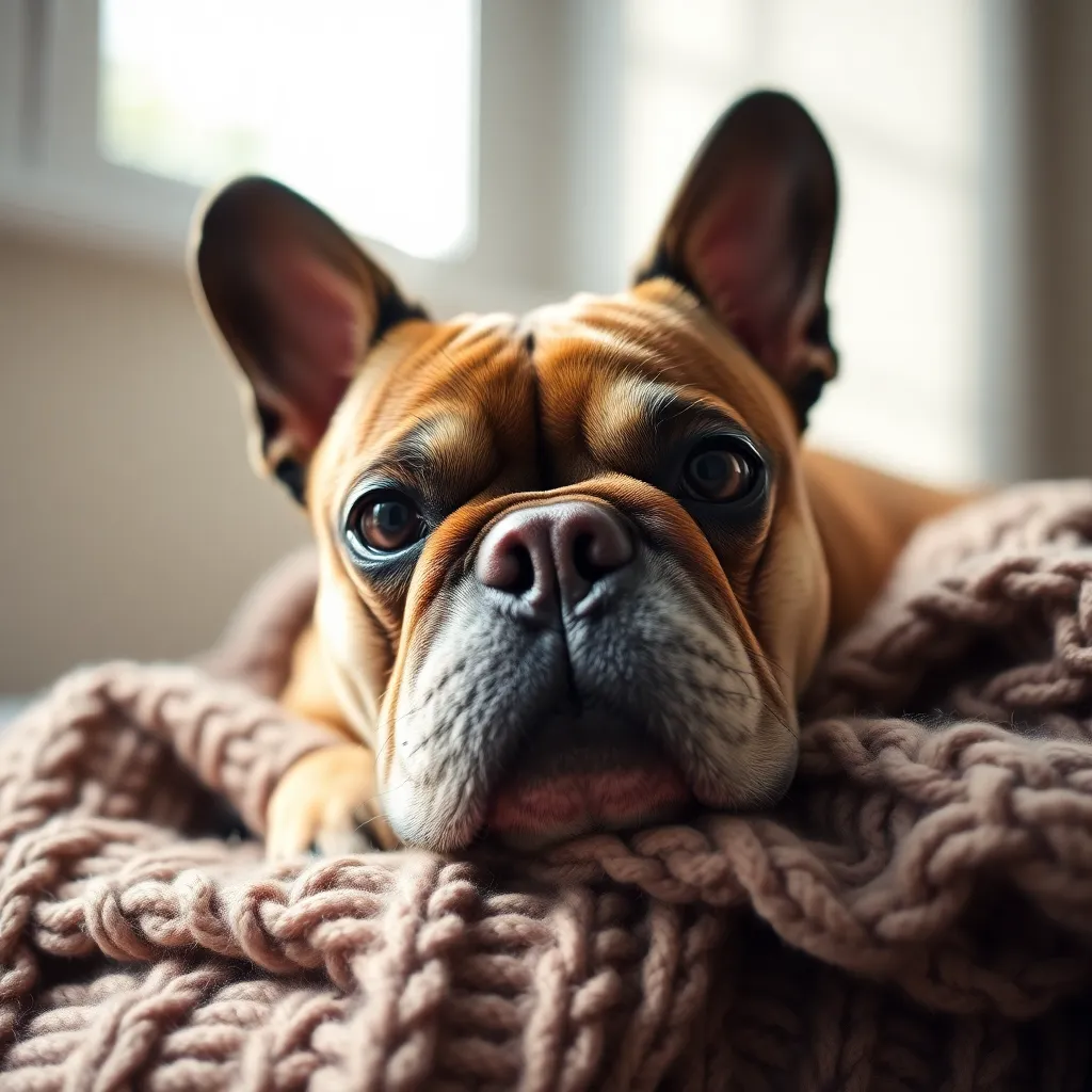 An intimate close-up of a French bulldog, nestled comfortably on a soft knitted blanket, creates a warm and cozy atmosphere. The natural light highlights the dog’s adorable features and the intricate texture of the blanket, inviting viewers into the serene moment. With its warm tones and gentle focus, this image perfectly captures the charm and comfort of pets at home. Ideal for pet-related content, this portrait radiates affection and warmth.