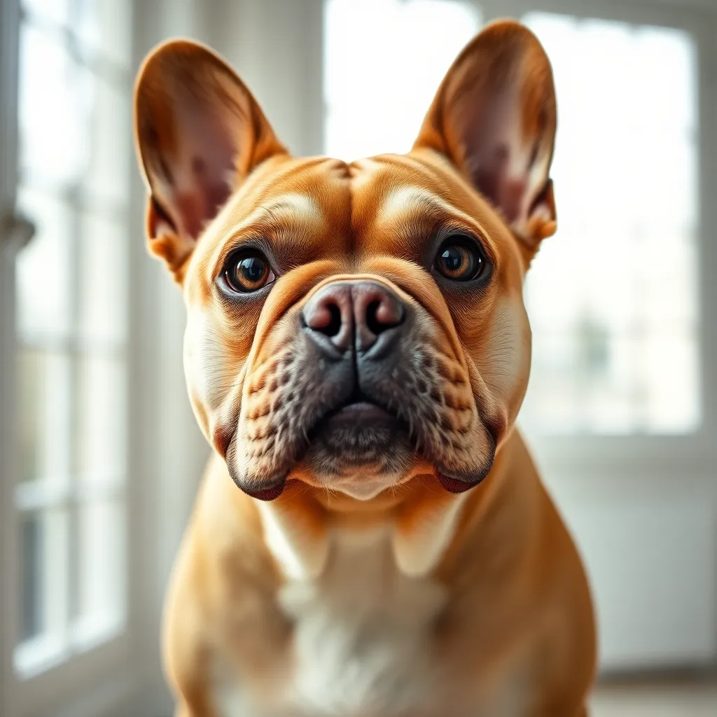 An adorable close-up portrait of a French bulldog captures the unique features and personality of this beloved breed. The soft daylight creates a warm and inviting atmosphere, beautifully highlighting the dog’s expressive eyes and textured fur. This intimate composition draws viewers into the dog's world, evoking feelings of affection and warmth.