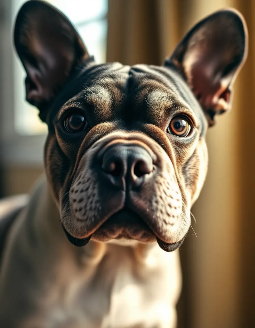 This intimate close-up portrait showcases a charming French Bulldog with expressive eyes that draw you in. Soft natural light filters through a nearby window, enhancing the warm tones of its fur and highlighting the intricate texture of its features. The depth of field beautifully blurs the background, ensuring the dog's face is the focal point of the image. This captivating portrait captures the unique personality of the breed, evoking warmth and affection.