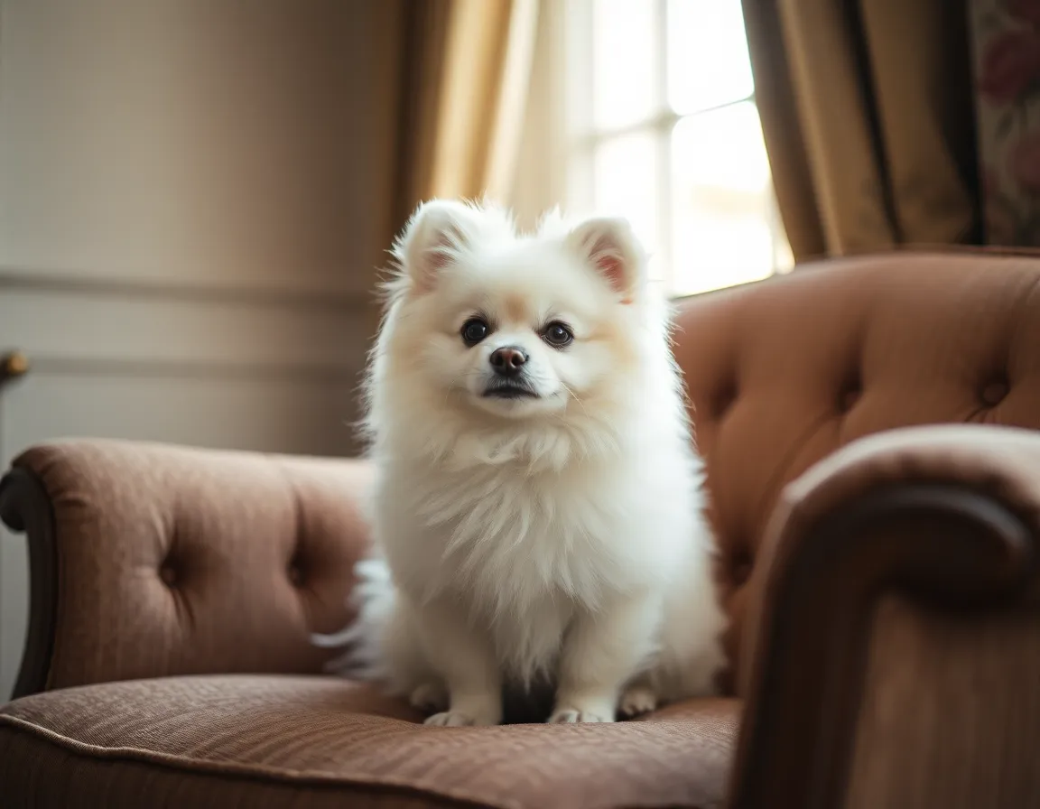 This charming image captures a fluffy white Pomeranian sitting regally on a vintage armchair, radiating elegance and comfort. The soft daylight illuminates the dog's fur, highlighting its playful expression. The delicate colors and textures of the armchair add to the cozy ambiance. With a focus on the dog's face, this image showcases the beauty and charm of pet companionship in a stylish setting.