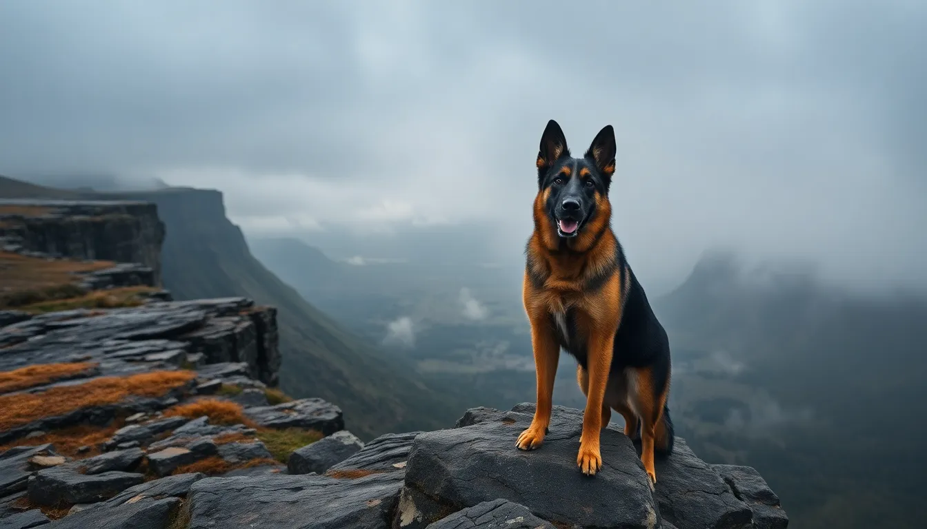 This stunning image features a majestic German shepherd standing guard on a rocky cliff, set against a misty valley below. The overcast sky adds a dramatic element, shrouding the landscape in a soft gray light. The dog's strong posture and sharp focus draw the viewer's eye, creating a compelling focal point. The earthy tones of the rocks and valley complement the dog's rich coat, embodying the spirit of loyalty and adventure in nature.