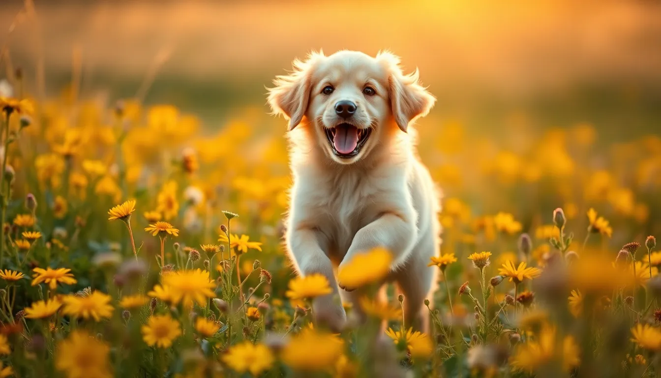 A lively golden retriever puppy leaps through a vibrant field of wildflowers, capturing the essence of joy and playfulness. The golden hour sunlight bathes the scene in warmth, while a soft bokeh effect blurs the colorful blossoms. The puppy's fur glistens in the light, creating an inviting and cheerful mood. This image is perfect for showcasing the beauty of nature and the spirit of pets in a serene setting.