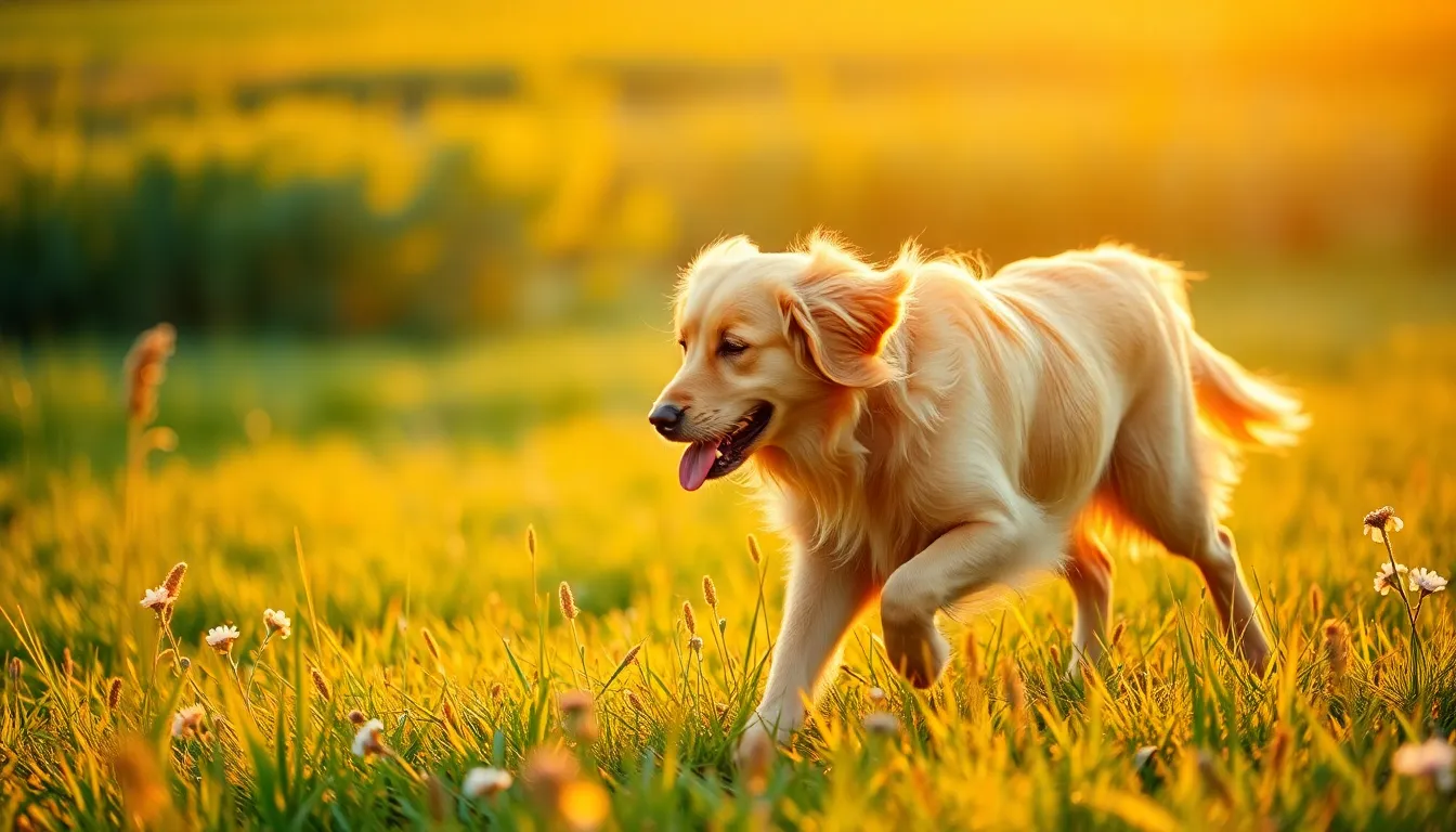 A joyous golden retriever dashes through a vibrant sunlit meadow, capturing the essence of freedom and playfulness. The warm golden hour light bathes the scene, accentuating the dog's shiny coat and the lush greenery around it. With a soft bokeh background, the composition draws attention to the dog's dynamic movement and delightful energy, making it an engaging and heartwarming image.