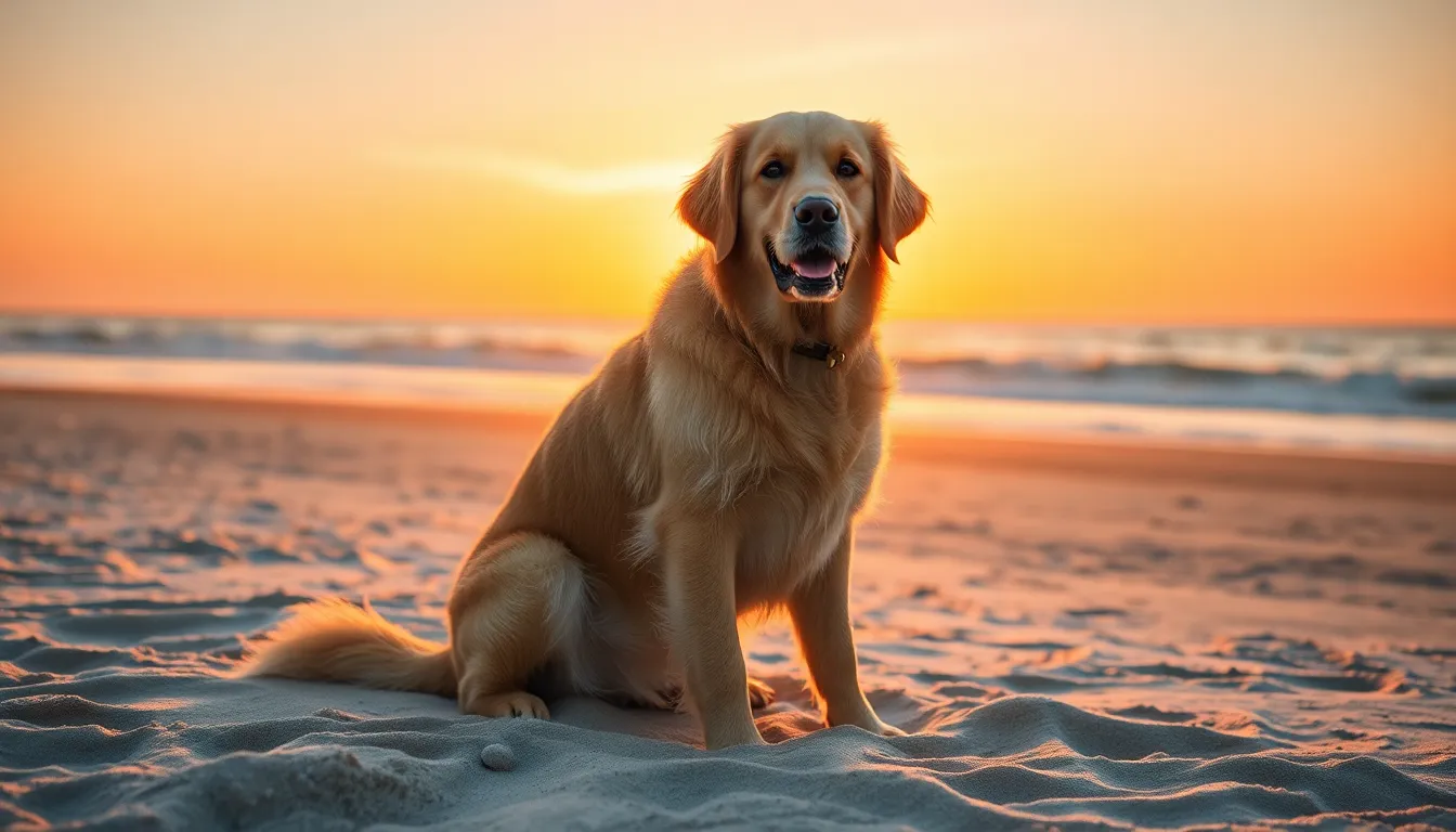 A stunning Golden Retriever sits proudly on a serene sandy beach during sunset, surrounded by warm golden hues. The backlight creates an ethereal glow that accentuates the dog's silky fur, while the soft ocean waves provide a tranquil backdrop. This beautiful scene captures the essence of relaxation and the bond between dogs and their natural surroundings, evoking a sense of peace.