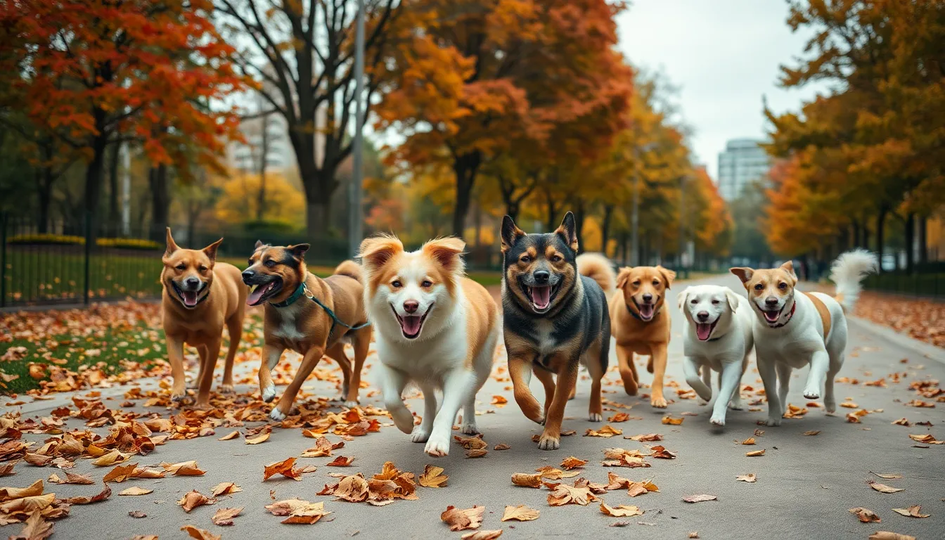 A lively scene captures a diverse group of dogs frolicking in an urban park filled with vibrant autumn foliage. The soft, diffused light from an overcast sky enhances the warm colors of the season and the variety of fur tones among the breeds. This joyful gathering showcases the playful spirit of dogs against a picturesque autumn backdrop, inviting a sense of camaraderie and fun.