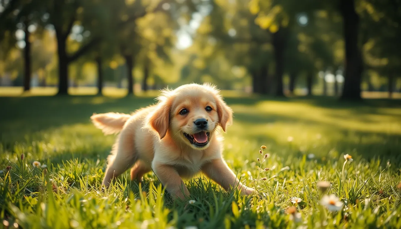 A playful golden retriever puppy is enjoying a blissful moment in a sun-drenched park, surrounded by vibrant greenery. Sunlight filters through the trees, casting whimsical shadows and highlighting the puppy's soft, shiny fur. The composition captures the spirit of joy and freedom, making it an ideal stock image for pet lovers and outdoor enthusiasts. The warm tones and soft focus create an inviting and cheerful atmosphere.