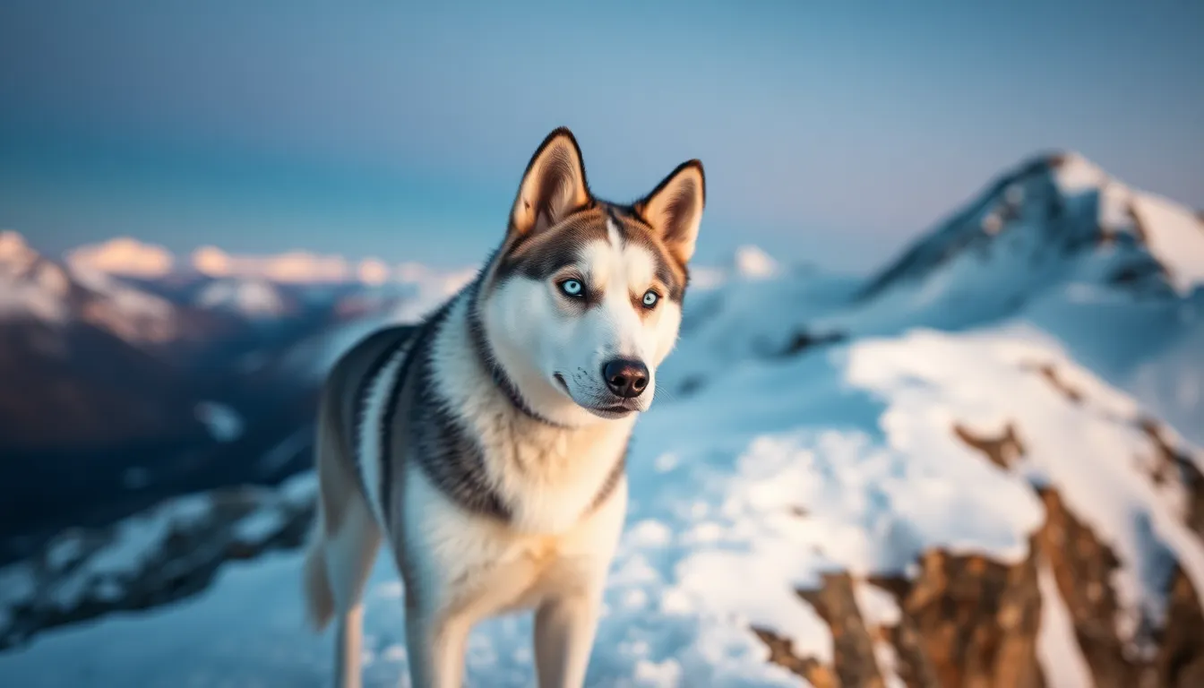 A stunning Siberian husky stands proudly on a high mountain ridge, surrounded by a pristine blanket of snow as twilight descends. The cool blue hues of the evening sky illuminate the dog’s striking features, creating a captivating contrast against the snowy landscape. The image conveys a sense of tranquility and adventure, perfect for winter sport enthusiasts and animal lovers. Textured snow and the husky's fur detail enhance the realism of this breathtaking scene.