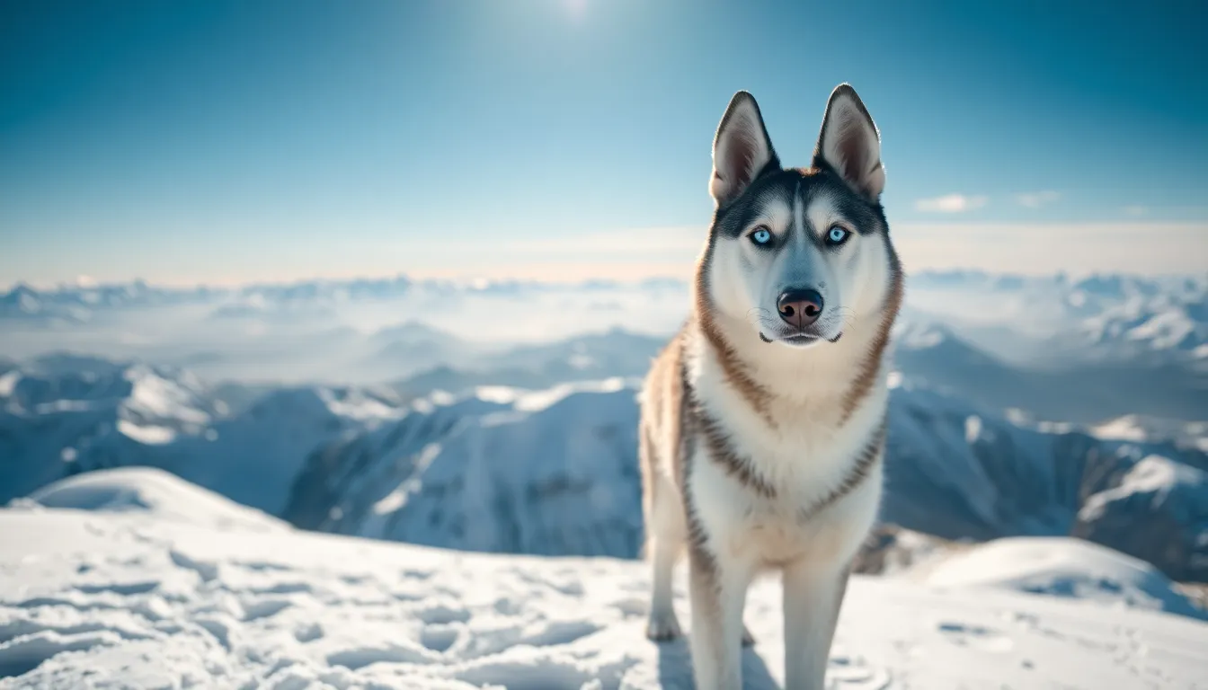 A stunning Siberian Husky proudly stands atop a snow-covered mountain peak, showcasing its striking features against a breathtaking backdrop. The bright daylight enhances the clarity of the scene, allowing the Husky’s blue eyes to pop. Snow trails lead the viewer’s gaze through the image, emphasizing the dog’s adventurous spirit. This serene, wintry landscape captures the essence of freedom and the beauty of nature.