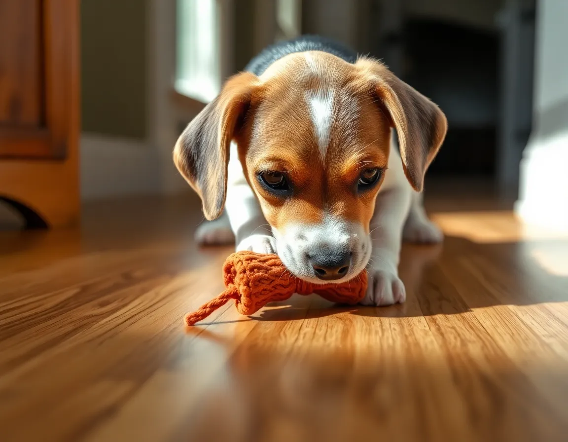 A charming beagle puppy is engrossed in play, gnawing on a bright chew toy on a polished hardwood floor. The warm, natural lighting creates soft shadows, highlighting the puppy's playful spirit and fluffy coat. With a textured background that enhances the focus on the puppy, this image evokes joy and the innocence of youth.