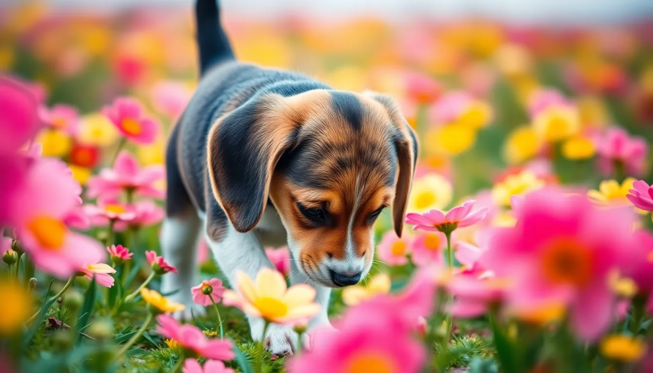 In a lively flower field, a playful beagle puppy excitedly explores the ground, its nose buried among colorful blossoms. The soft overcast light enhances the vibrant hues of the flowers, creating a joyful and inviting atmosphere. The image captures the innocence and curiosity of the puppy, with selective focus highlighting its expressive face amidst the bright petals. This scene embodies the essence of springtime and the playful spirit of a young dog at play.