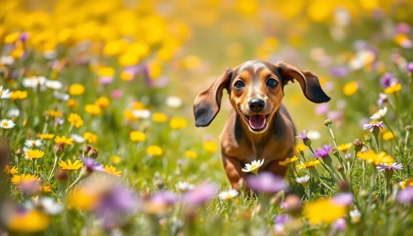 This vibrant image captures a playful Dachshund puppy joyfully running through a colorful field of wildflowers on a sunny day. The puppy's shiny coat gleams in the bright sunlight, while the surrounding flowers create a beautiful, lively backdrop. The shallow depth of field highlights the pup in sharp focus amidst a dreamy bokeh of colors that enhances the feeling of spring. This scene radiates joy and the carefree spirit of a puppy exploring the natural world.