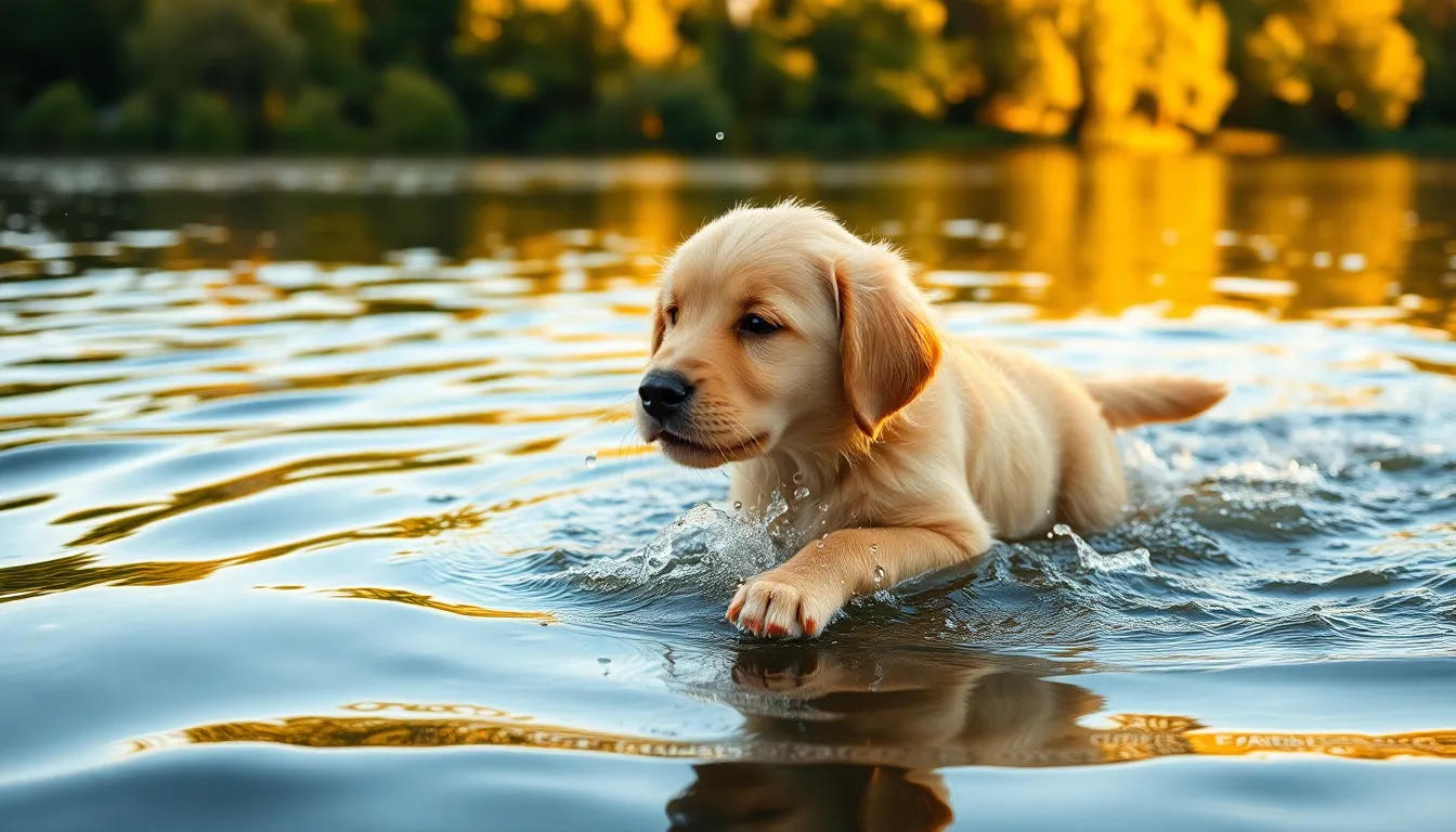 A lively Golden Retriever puppy joyfully splashes in a shallow lake during golden hour. The warm sunlight creates a sparkling effect on the water, enhancing the puppy’s playful demeanor. Surrounding greenery reflects beautifully in the water, while the soft focus highlights the puppy’s expressive eyes and wet fur. This vivid scene captures the essence of joy and childhood innocence in nature.