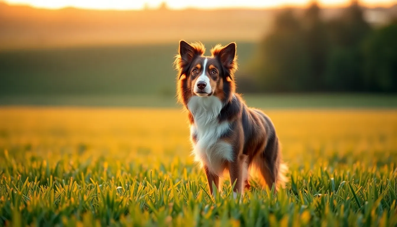 Against a breathtaking sunset, a border collie stands watchfully in a lush green field, embodying alertness and grace. The warm golden light highlights the dog's glossy coat, enhancing the rich colors of the surrounding landscape. The image captures the tranquility of the moment, with the vibrant sunset colors merging beautifully in the background. The symmetrical composition draws the viewer's attention to the dog's noble posture and keen expression, creating a striking portrait of this remarkable breed.