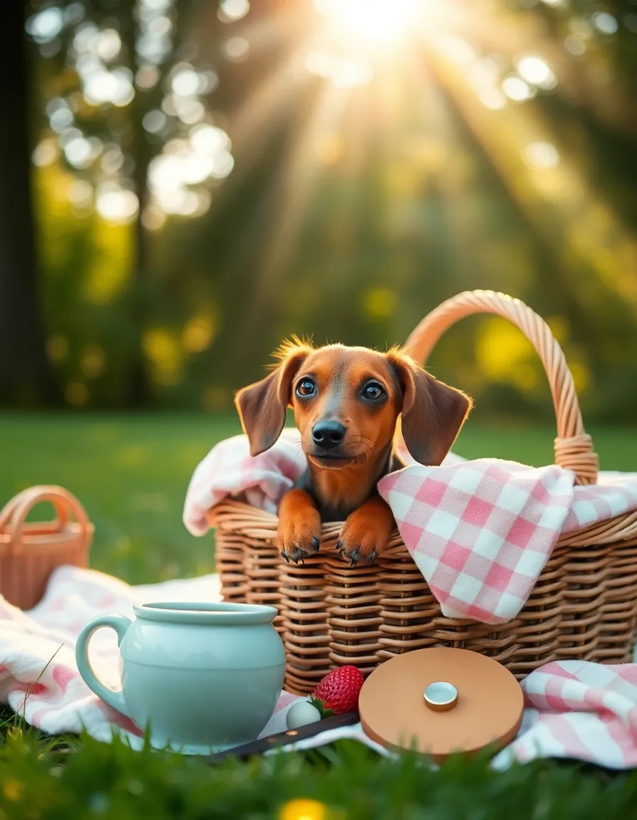An irresistibly cute dachshund peeks out from a stylish picnic basket, surrounded by plush blankets and colorful picnic items. Bathed in soft afternoon light, the scene is warm and inviting, perfect for capturing the essence of a summer outing. The pastel color palette adds to the playful charm, making this image ideal for lifestyle and pet-focused content. The composition draws the viewer's eye directly to the dog's delightful expression, enhancing the whimsical nature of the moment.