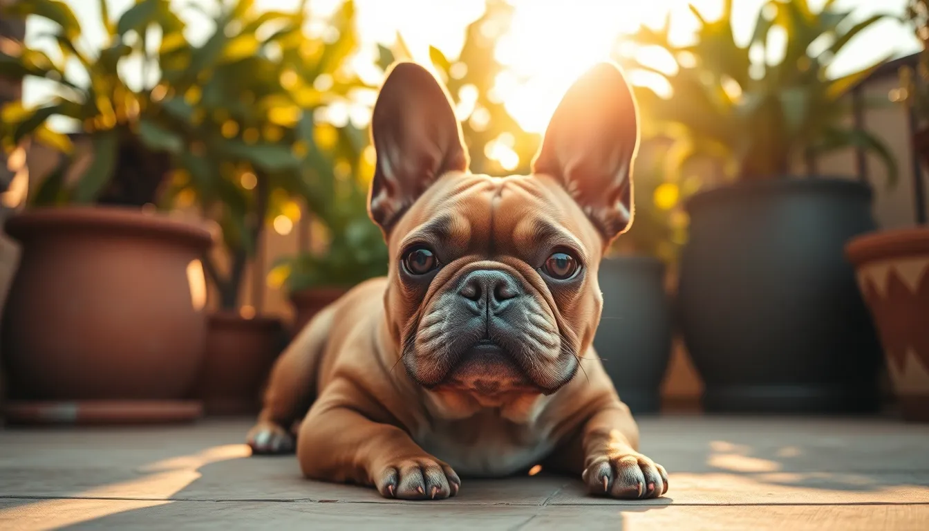 A charming French bulldog basks in the warm glow of the golden hour, lounging comfortably on a sun-drenched terrace. The soft backlighting creates a halo effect around its ears, adding to its irresistible charm. The surrounding potted plants provide an inviting backdrop, with warm earthy tones enhancing the relaxed atmosphere. The image captures the dog's playful expression and rich texture, inviting viewers to share in this delightful moment of leisure.