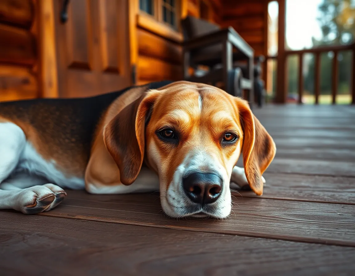This serene image features an elderly Beagle resting comfortably on a rustic wooden porch during the golden hour. The warm light gently illuminates the dog’s face, revealing wisdom and gentle beauty in its aging features. The charming wooden textures of the porch create a nostalgic atmosphere that evokes feelings of home and comfort. This portrait captures the essence of companionship and the peacefulness of a dog's presence in a tranquil setting.