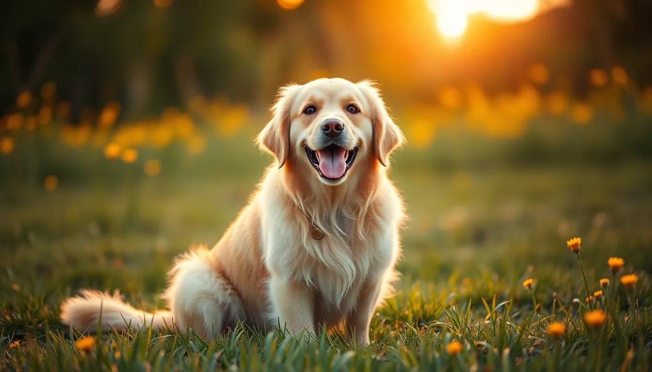 Golden Retriever in Grassy Field at Golden Hour A joyful Golden Retriever sits in a lush green field during golden hour, basked in warm, soft light. Its golden fur contrasts beautifully against the vibrant natural colors of the surrounding grass and flowers, creating a serene and inviting atmosphere. The shallow depth of field adds a dreamy quality to the image, focusing on the dog's playful expression. This heartwarming scene captures the essence of a perfect summer day.