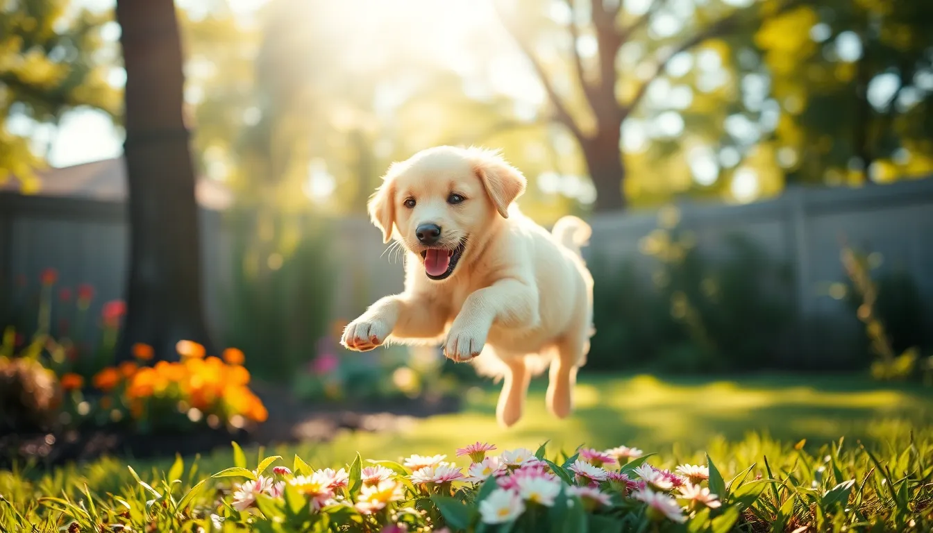 This vivid image showcases a Golden Retriever puppy joyfully leaping over a flower bed in a sunlit backyard. The soft morning light highlights the puppy's fluffy fur, while dappled sunlight creates enchanting bokeh effects in the background. The vibrant greens of the garden contrast beautifully with the warm hues, evoking a sense of happiness and playfulness. The composition captures the energetic pose of the puppy, perfectly encapsulating its spirited nature.