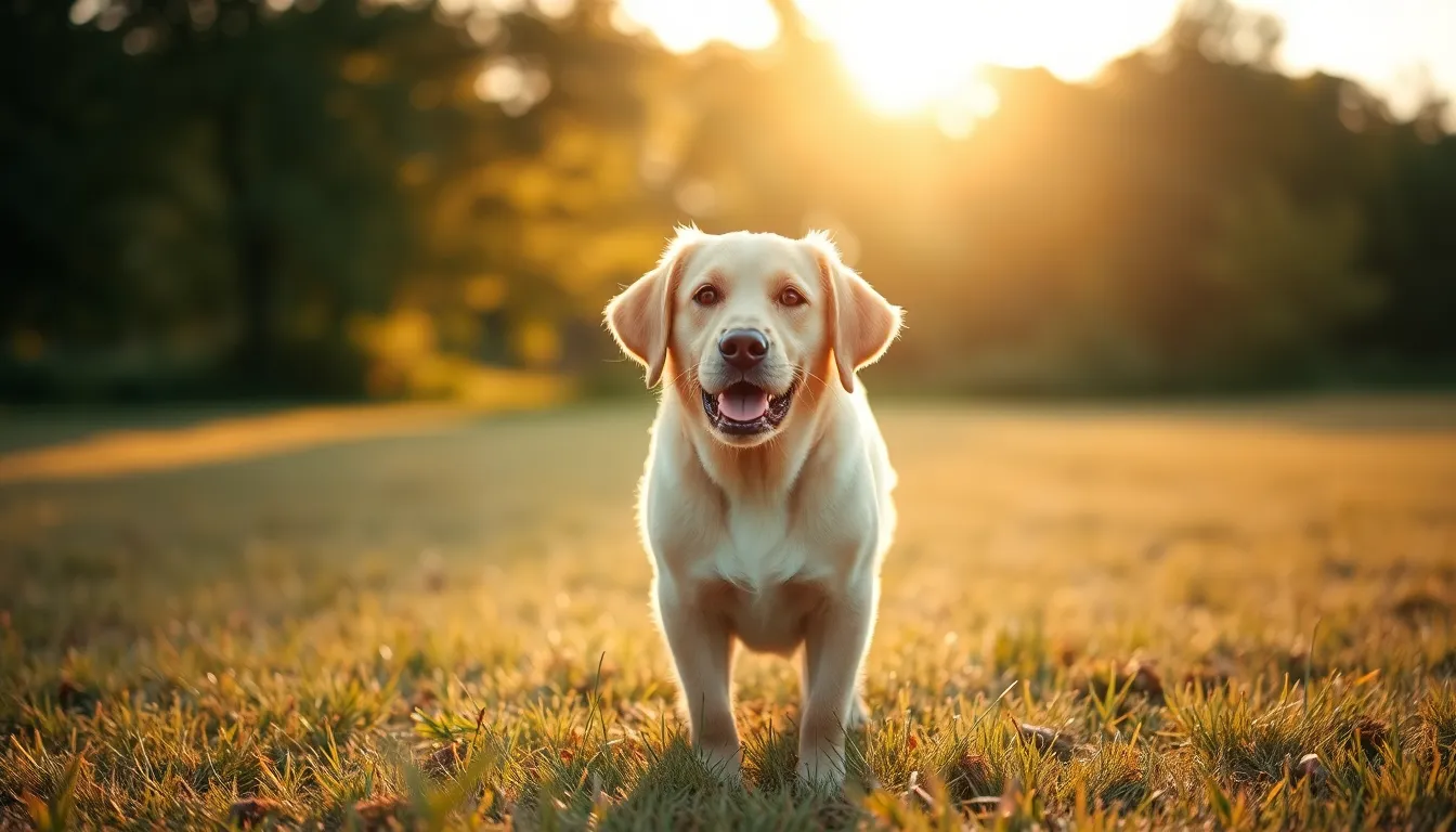 A playful Labrador retriever frolics in a sunlit grassy field during golden hour. The soft lighting enhances the warm hues of the dog's fur, while the background softly blurs, adding to the serene atmosphere. The vibrant greens of the grass contrast beautifully with the dog's rich golden tones, creating an inviting and joyful scene. This photograph captures the essence of a summer evening, perfect for evoking feelings of happiness and tranquility.