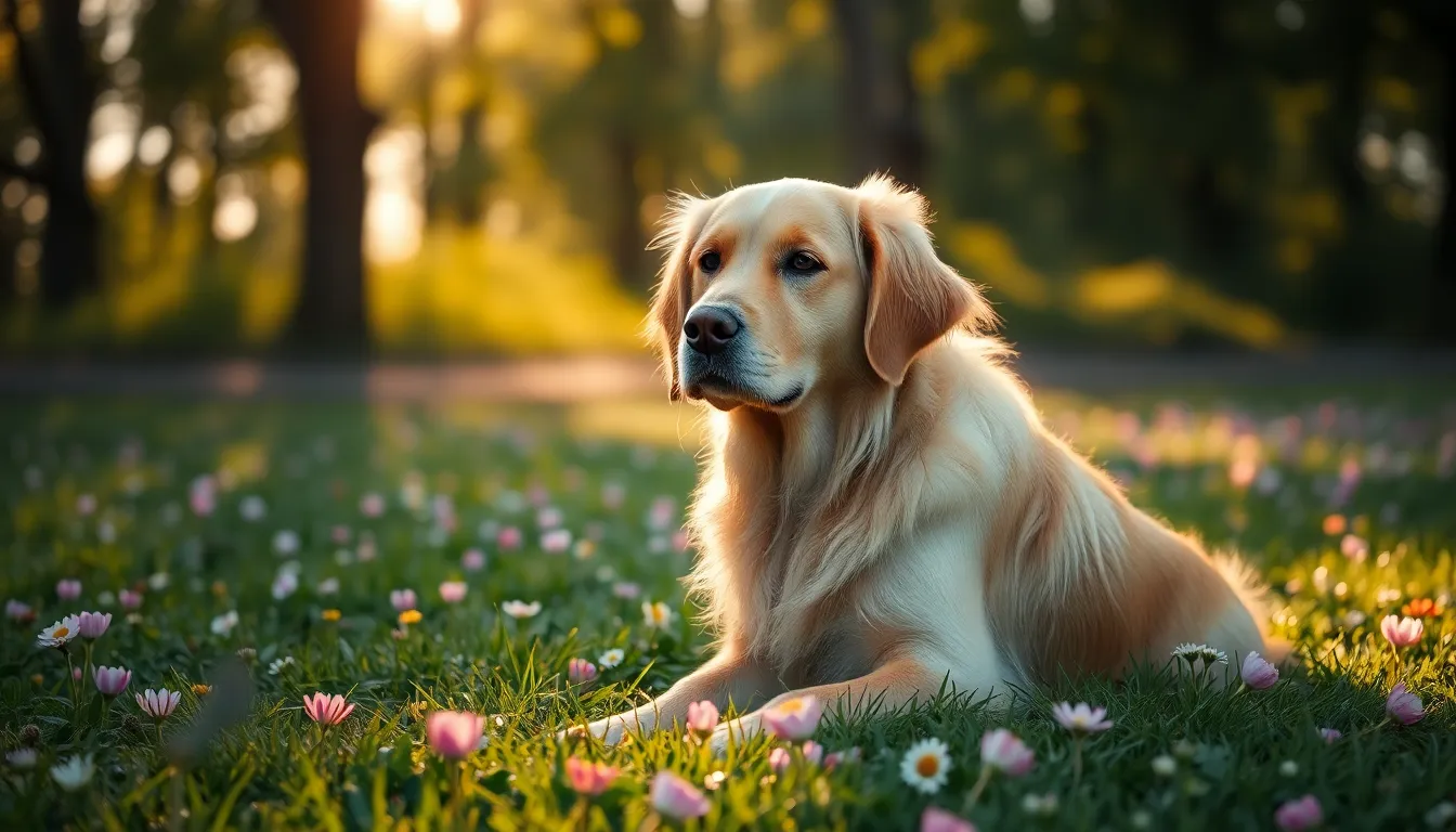 A serene image of a golden retriever sitting gracefully in a sunlit meadow, surrounded by vibrant wildflowers. The soft morning light creates a warm, inviting atmosphere, highlighting the dog's fur in rich detail. The composition follows the rule of thirds, placing the dog slightly off-center amidst the lush greenery and colorful blooms. The overall color palette features natural muted tones, enhancing the calm mood of the scene.