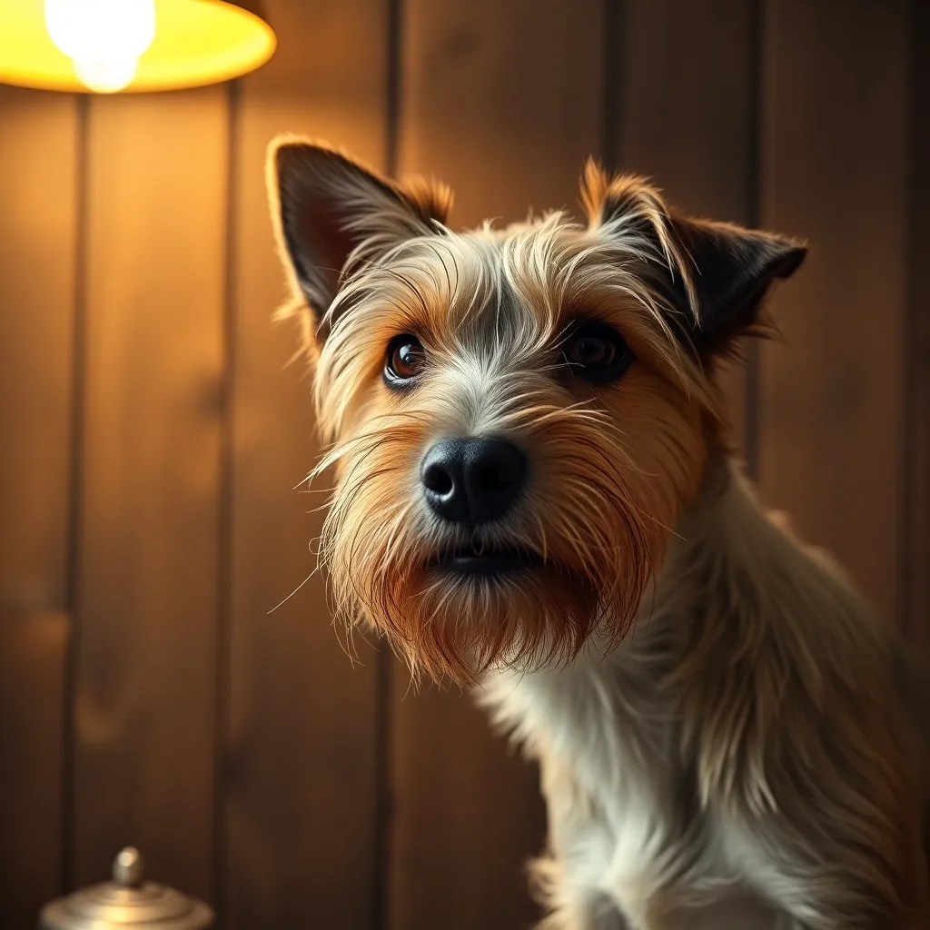 Scruffy Terrier in Rustic Setting An intimate close-up portrait of a scruffy terrier reveals its personality and texture against a rustic wooden backdrop. Warm tungsten light enhances the natural coat colors, and the soft focus background creates a sense of intimacy. The dog's expressive eyes and playful expression draw viewers in, capturing the charm of this lovable breed. This heartwarming image reflects the connection between pets and their environments.