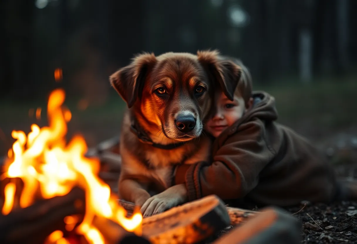 An intimate moment unfolds as a dog snuggles closely with a child around a glowing campfire. The flickering firelight casts warm shadows, enveloping the scene in a cozy ambiance. The symmetry of the composition underscores the bond between them, while the muted earth tones evoke a sense of warmth and comfort. This heartwarming image captures the essence of companionship and the joy of outdoor adventures.