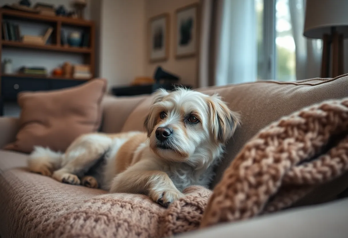 An endearing scene of an elderly dog relaxing on a plush couch, surrounded by soft pastel colors and cozy fabrics. Captured in soft ambient light, the entire setting is in focus, allowing for a detailed view of the dog's fur and the knitted blanket that adds texture to the image. The centered composition draws the viewer's eye directly to the dog, evoking feelings of warmth and comfort in this inviting living room atmosphere. It's a peaceful moment reflecting companionship and love.