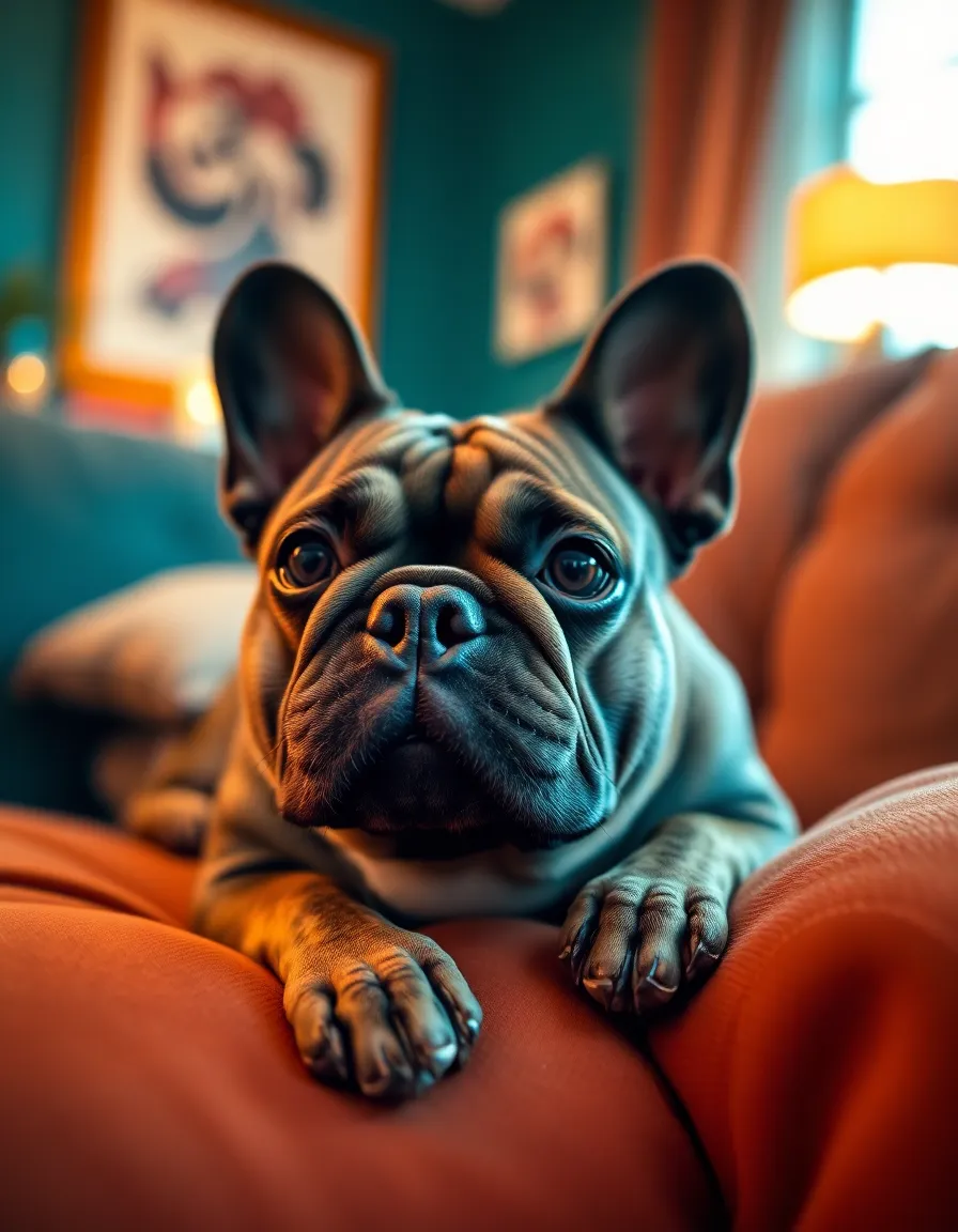 A playful French bulldog relaxes on a plush sofa, surrounded by warm and inviting indoor lighting. The dog's expressive eyes, enhanced by selective focus, draw viewers into a cozy scene filled with rich textures and vibrant colors. The plush fabric and the unique wrinkles of the bulldog's face exude comfort, making it a captivating image for pet enthusiasts.