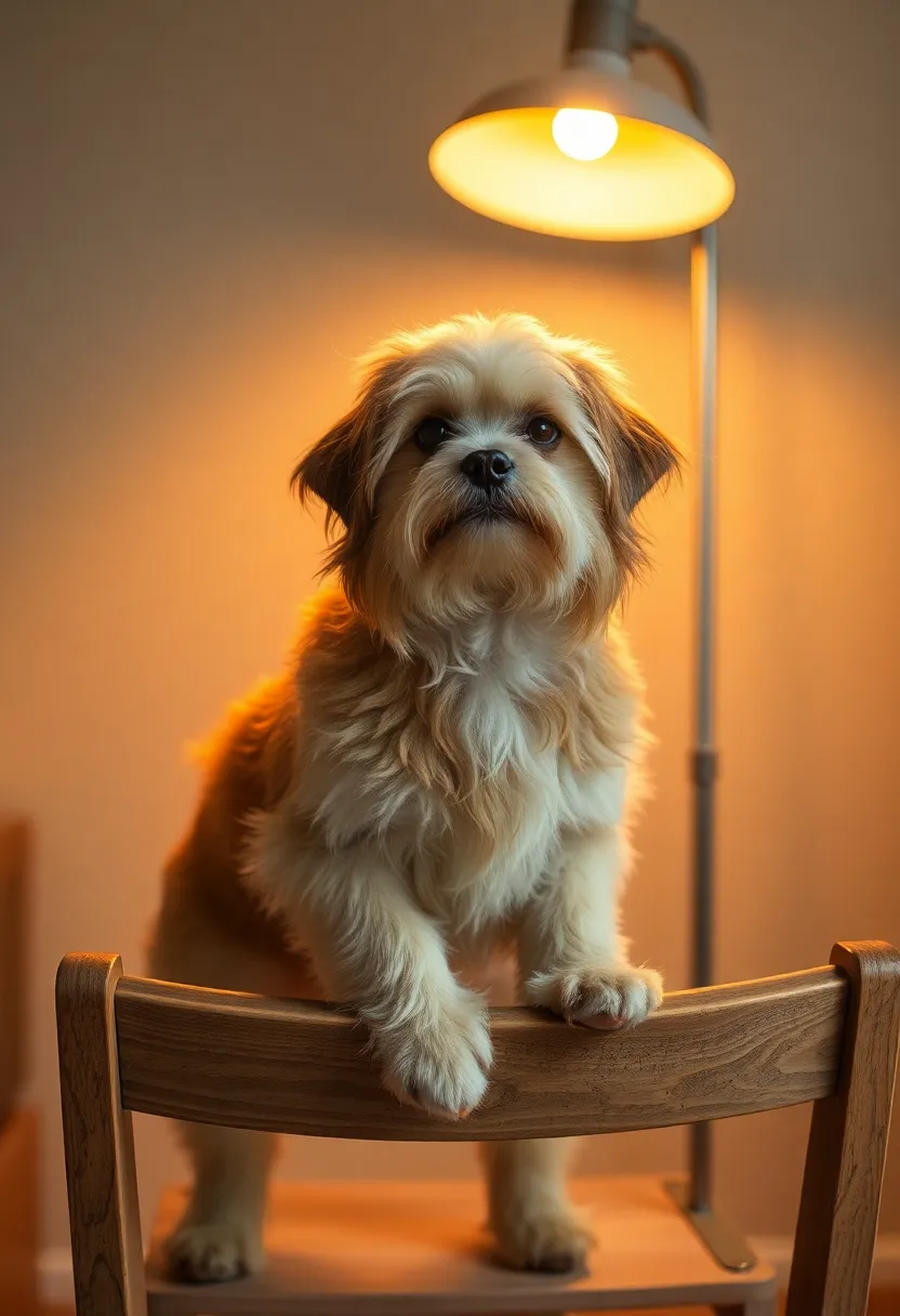 Dog Sitting on a Wooden Chair in Warm Light