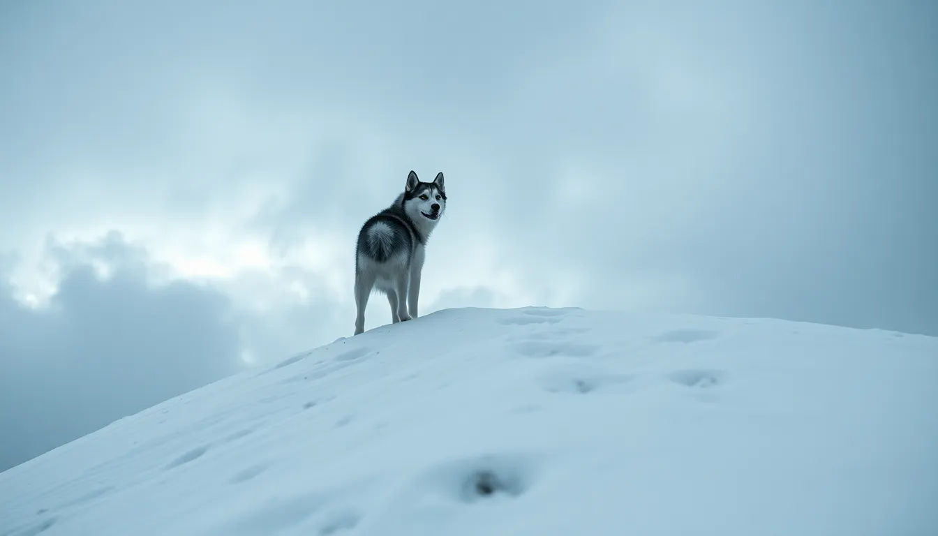 A striking Siberian husky stands proudly on a snow-covered hill, framed by a dramatic overcast sky that enhances the wintry atmosphere. The image captures the beauty of the spirit of adventure, showcasing the intricate details of the husky's fur against the soft, white snow. This compelling scene is ideal for showcasing the allure of winter and the beauty of this majestic breed.