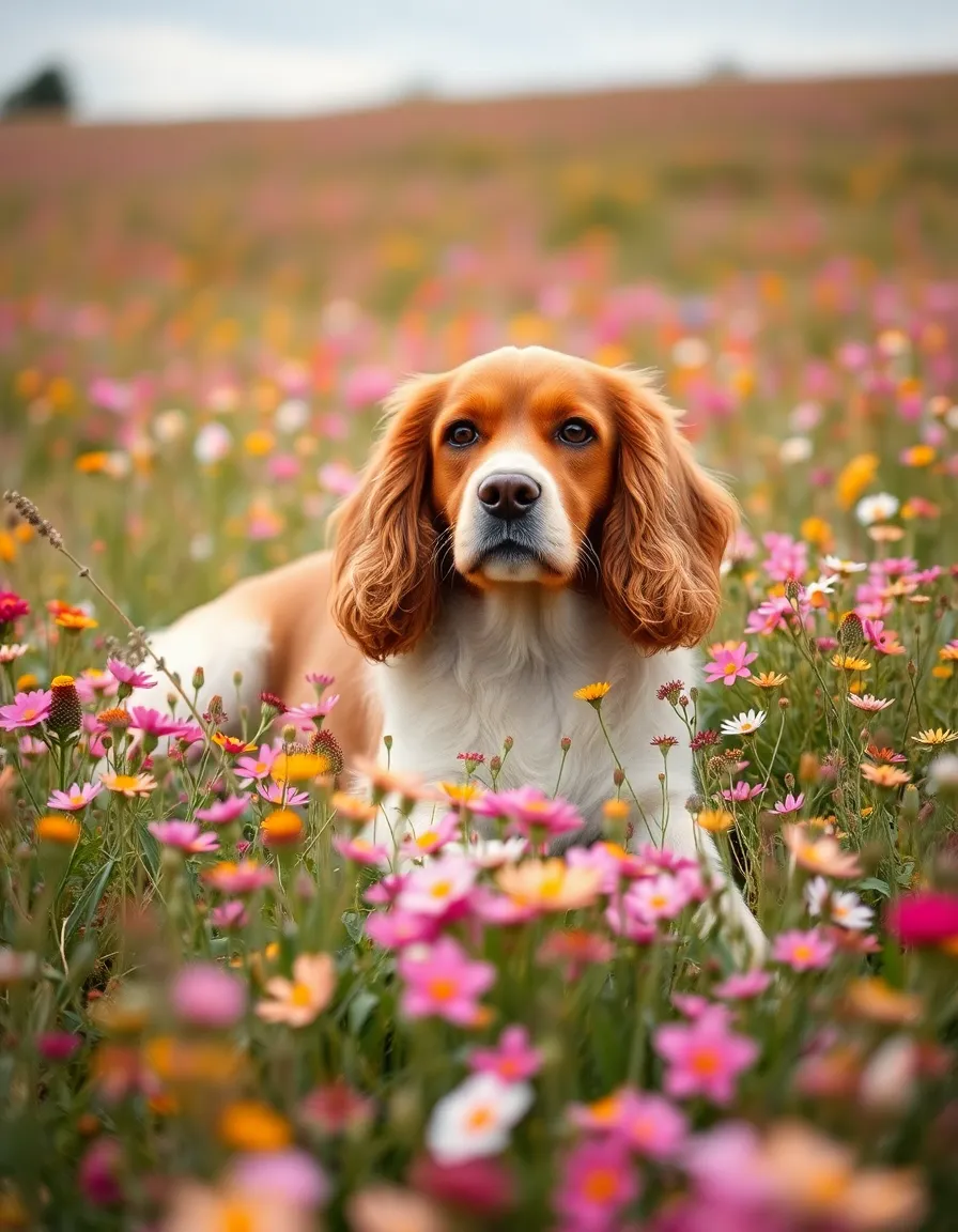 Cocker Spaniel Relaxing in Blooming Wildflowers A serene Cocker Spaniel relaxes amidst a vibrant field of blooming wildflowers under a soft, overcast sky. The dog's gentle demeanor contrasts beautifully with the colorful flowers surrounding it, creating a scene full of tranquility and natural beauty. The hyperfocal depth of field ensures that both the dog and the wildflowers remain in focus, enhancing the detail in this picturesque landscape. This image encapsulates the bliss of a peaceful moment in nature.