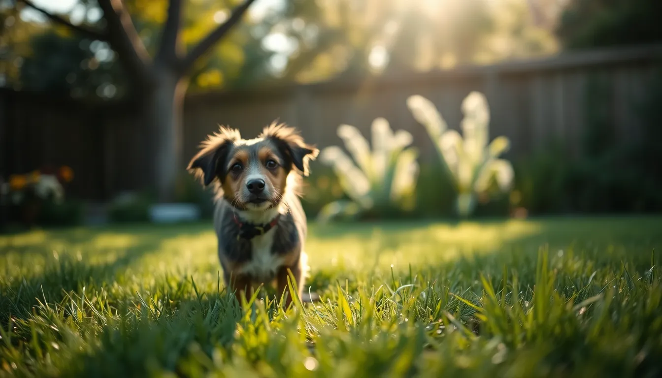 A lively dog frolics in a vibrant flower garden, surrounded by a blur of colorful blooms and green foliage. Dappled sunlight breaks through overhead, creating a warm, inviting atmosphere. The focus on the dog captures its playful spirit, while a soft, painterly bokeh envelops the colorful garden backdrop, celebrating nature's beauty.