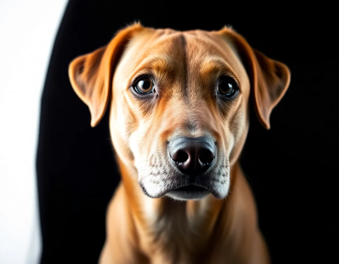 A striking portrait of a dog with soulful eyes, captured in the studio with dramatic side lighting that creates depth and dimension. The shallow depth of field isolates the dog's face, showcasing its natural beauty and unique expression. The film-inspired Kodak Portra 400 color palette adds warmth to the scene, contrasting elegantly with the dark background that enhances the subject's features. This intimate setting invites viewers to connect emotionally with the subject.