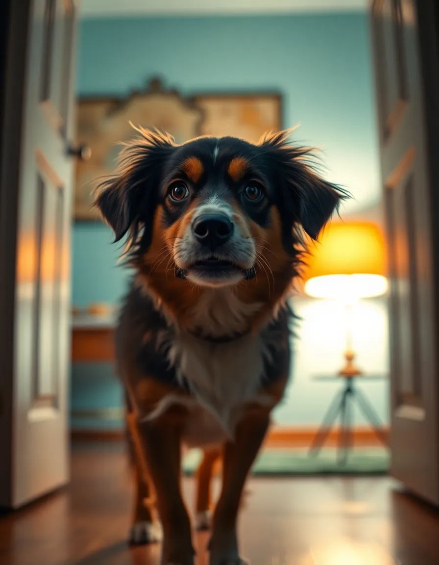 A charming dog is caught mid-play in an inviting indoor setting, framed beautifully by an open door. The warm glow of tungsten light spotlights the dog's fur, highlighting its texture and creating a cozy atmosphere. The cinematic color grading adds depth to the scene, while the shallow depth of field emphasizes the dog's playful stance and twinkling eyes. This image captures the joy and liveliness of a beloved pet in a home environment.