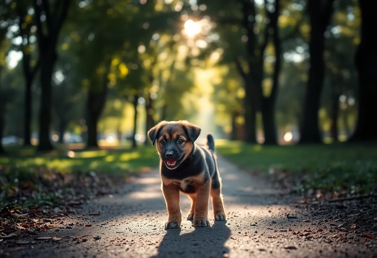 A joyful dog frolics in a sunlit meadow, surrounded by vibrant greenery and dappled sunlight. The image captures the dog's bright eyes in sharp focus, drawing the viewer's attention while the background softly blurs into painterly bokeh. The leading lines of the path enhance the composition, directing eyes toward the playful pup in a lush environment. This scene radiates happiness and the carefree spirit of outdoor play.