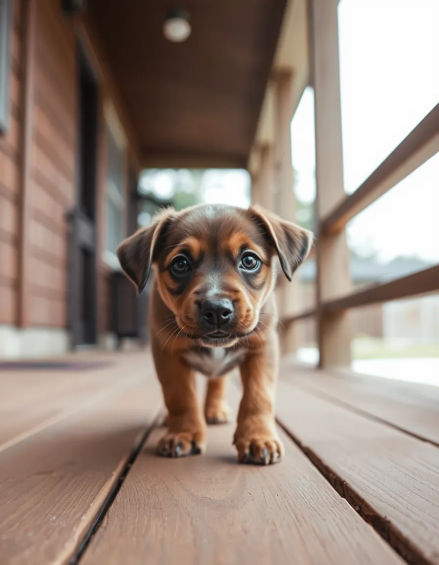 A playful puppy with big, expressive eyes is captured on a rustic wooden porch, surrounded by the soft, diffused light of an overcast sky. The selective focus draws attention to its inquisitive gaze, while the texture of the wooden surface adds depth to the image. The warm brown tones create a cozy and inviting atmosphere, enhanced by the leading lines of the porch that guide the viewer's eye towards the adorable subject. It's a heartwarming moment of curiosity and exploration.