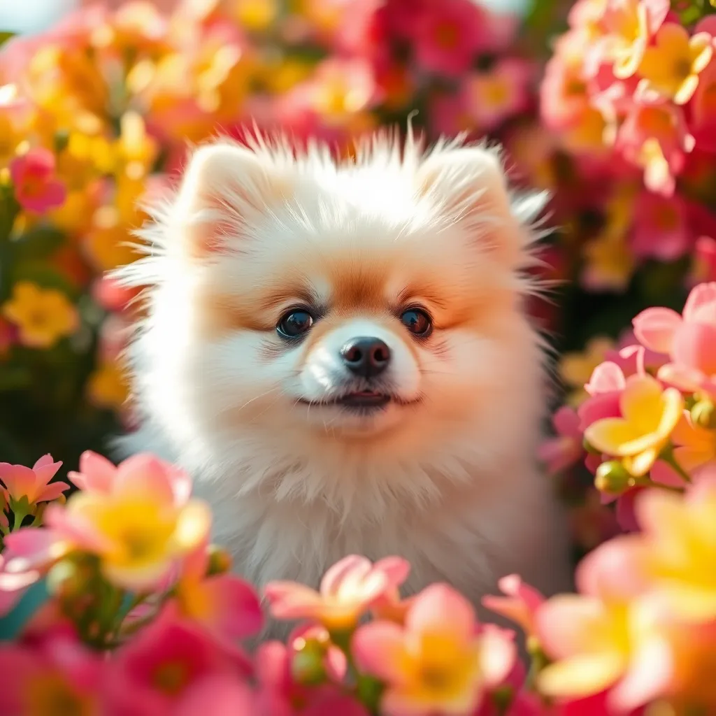 This playful close-up features a fluffy Pomeranian nestled among a tapestry of colorful flowers. The soft natural light accentuates the texture of the dog's fur and the vibrant hues of the surrounding blooms, creating an enchanting and cheerful atmosphere. Isolated against a dreamy bokeh background, the Pomeranian's adorable expression and lively personality shine through. This composition captures the joyful spirit of dogs in a whimsical floral setting.