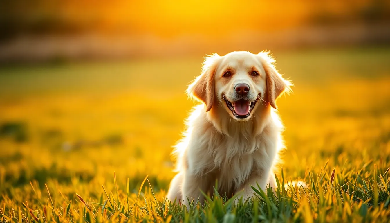 This serene image captures an adorable golden retriever sitting in a lush grassy field during the golden hour. Warm backlighting highlights the dog's fluffy fur, while its expressive eyes are softly illuminated. The shallow depth of field creates a beautiful bokeh effect, focusing attention on the joyful expression of the dog. The warm color palette enhances the peaceful mood of the scene, making it ideal for a variety of applications.