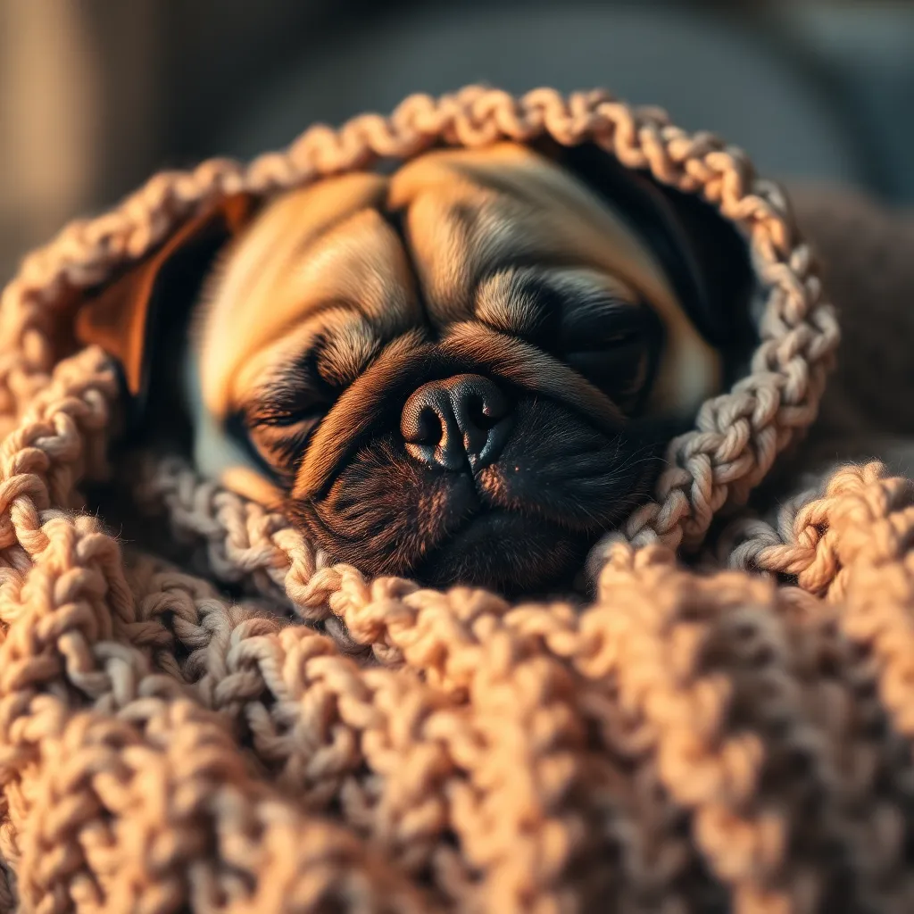 This intimate close-up captures a sleeping pug cradled in a cozy knitted blanket, radiating warmth and tranquility. The soft tungsten lighting creates a gentle glow, enhancing the details of the pug's facial expression and the blanket's texture. Both the pug and the intricate knit pattern remain sharp, inviting viewers into this peaceful scene. The calming color palette of neutrals and pastels adds to the overall serenity of the moment.