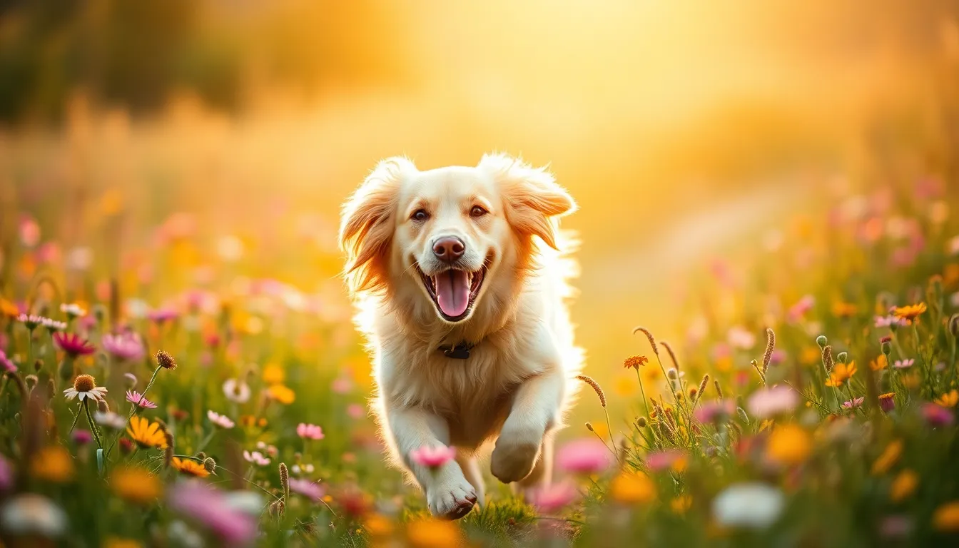 Golden Retriever Running Through Wildflowers